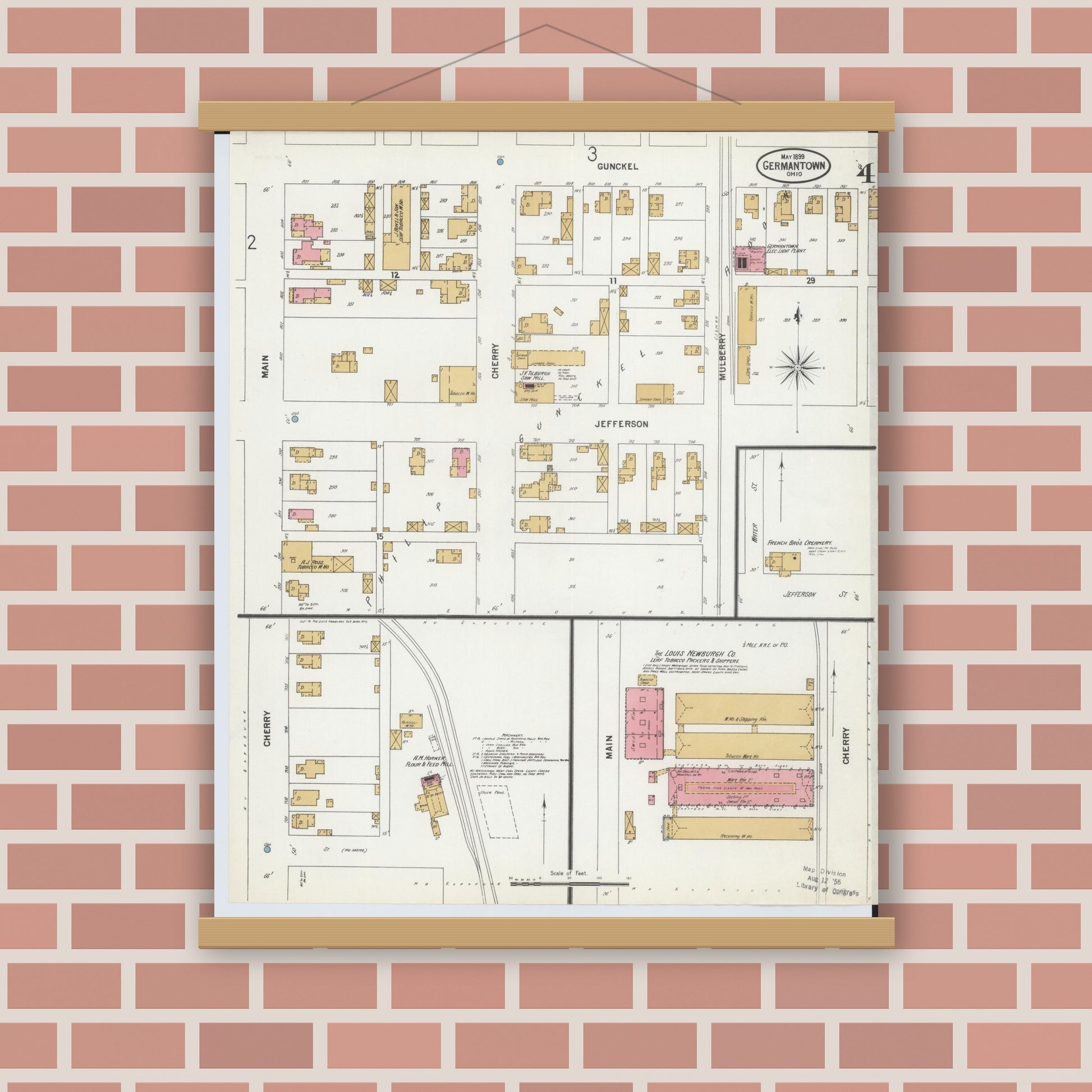 Old map wall art mockup — magnetic wood frame on brick wall — Sanborn Fire Insurance Map from Germantown, Montgomery County, Ohio (1899), Sheet #0004