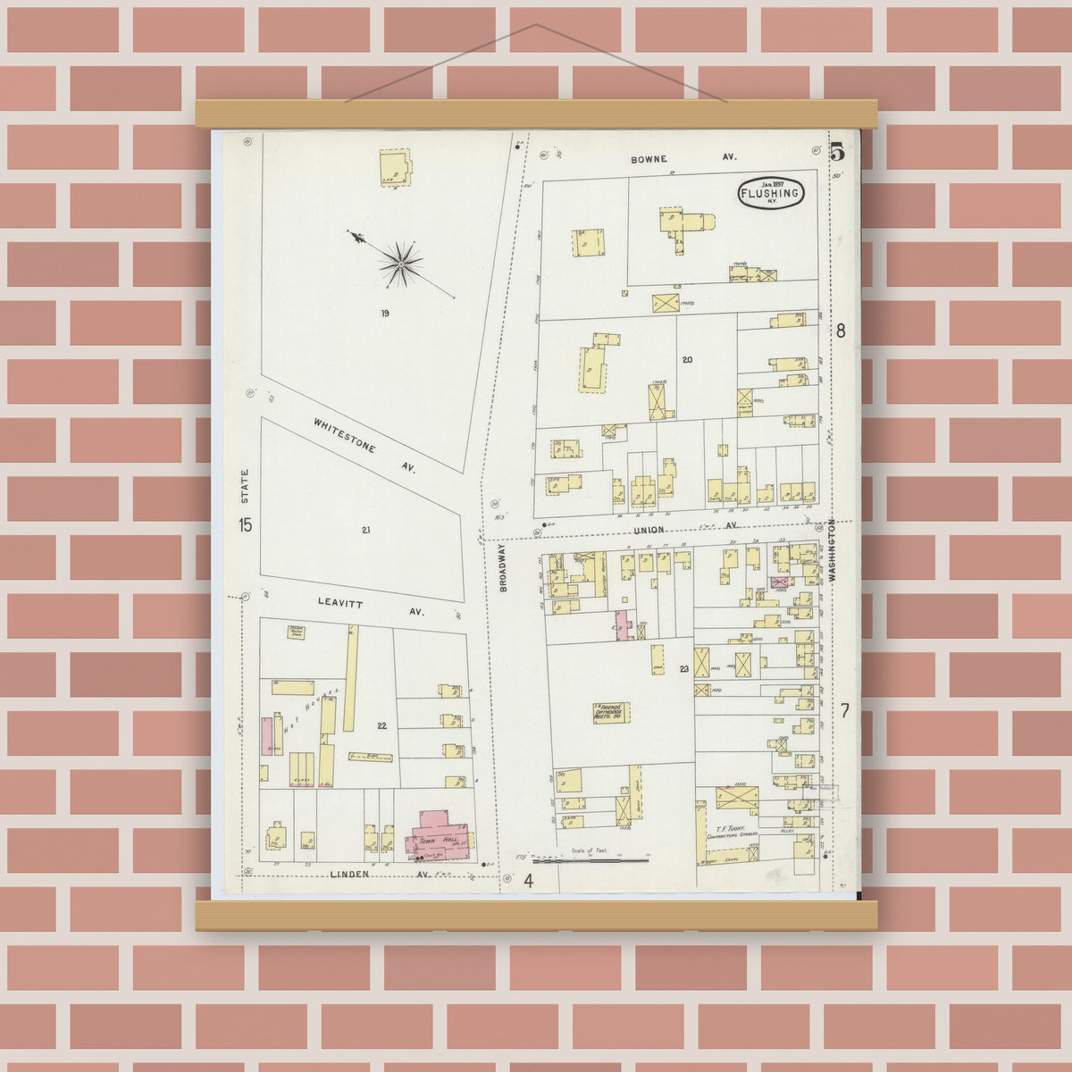 Old map wall art mockup — magnetic wood frame on brick wall — Sanborn Fire Insurance Map from Flushing, Queens County, New York (1897), Sheet #0005