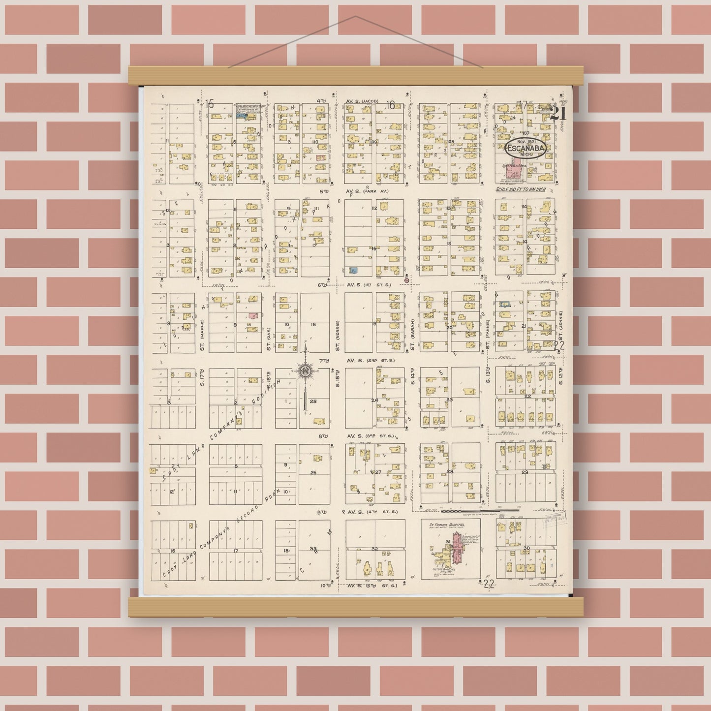 Old map wall art mockup — magnetic wood frame on brick wall — Sanborn Fire Insurance Map from Escanaba, Delta County, Michigan (1921), Sheet #0021