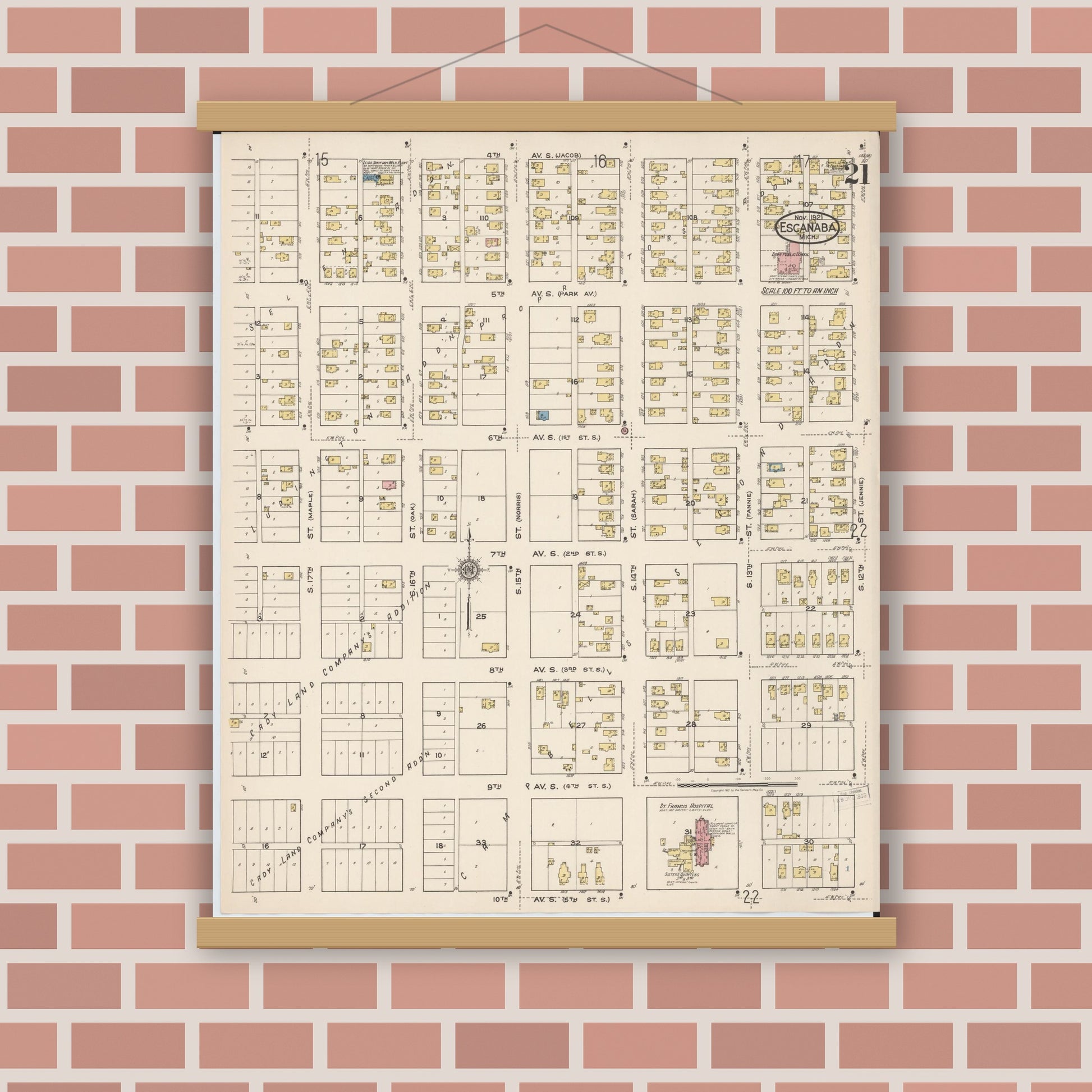 Old map wall art mockup — magnetic wood frame on brick wall — Sanborn Fire Insurance Map from Escanaba, Delta County, Michigan (1921), Sheet #0021