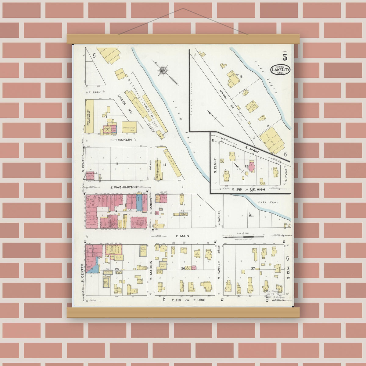 Old map wall art mockup — magnetic wood frame on brick wall — Sanborn Fire Insurance Map from Lake City, Wabasha County, Minnesota (1921), Sheet #0005
