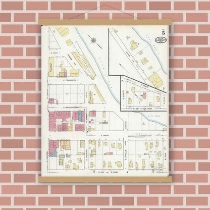 Old map wall art mockup — magnetic wood frame on brick wall — Sanborn Fire Insurance Map from Lake City, Wabasha County, Minnesota (1921), Sheet #0005