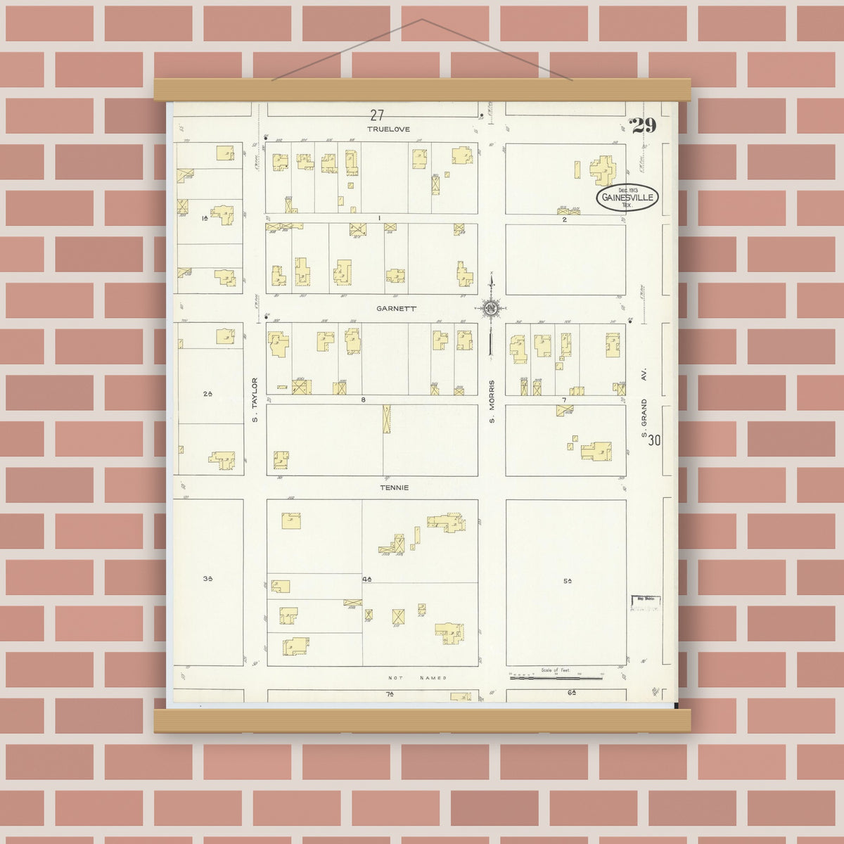 Old map wall art mockup — magnetic wood frame on brick wall — Sanborn Fire Insurance Map from Gainesville, Cooke County, Texas (1913), Sheet #0029