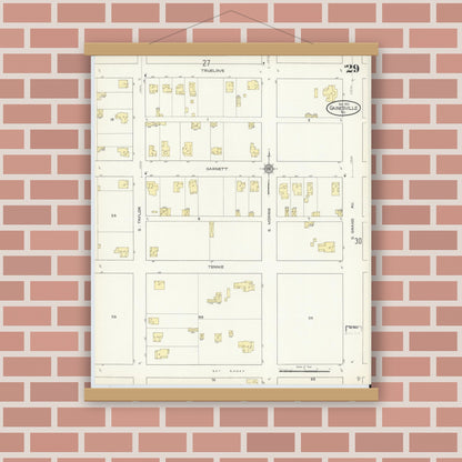 Old map wall art mockup — magnetic wood frame on brick wall — Sanborn Fire Insurance Map from Gainesville, Cooke County, Texas (1913), Sheet #0029