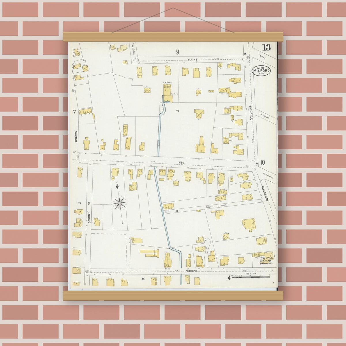 Old map wall art mockup — magnetic wood frame on brick wall — Sanborn Fire Insurance Map from Milford, Worcester County, Massachusetts (1903), Sheet #0013