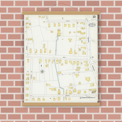Old map wall art mockup — magnetic wood frame on brick wall — Sanborn Fire Insurance Map from Milford, Worcester County, Massachusetts (1903), Sheet #0013