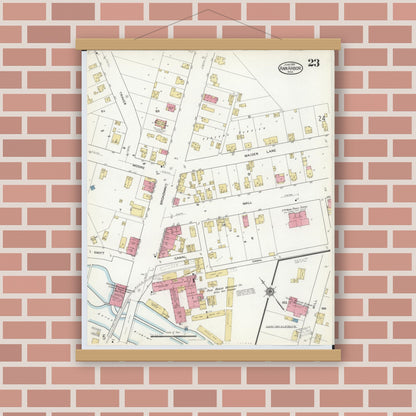 Old map wall art mockup — magnetic wood frame on brick wall — Sanborn Fire Insurance Map from Ann Arbor, Washtenaw County, Michigan (1916), Sheet #0023