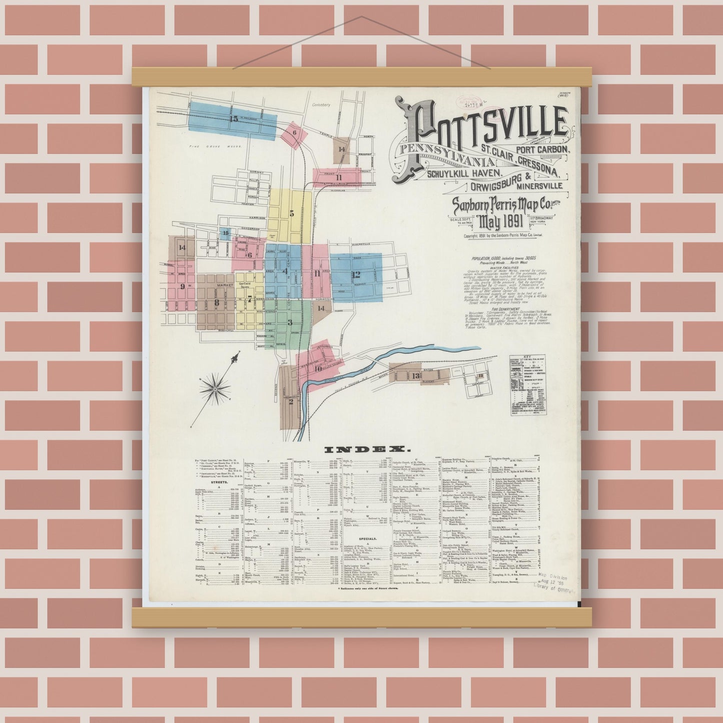 Old map wall art mockup — magnetic wood frame on brick wall — Sanborn Fire Insurance Map from Pottsville, Schuylkill County, Pennsylvania (1891) - Complete Map Set