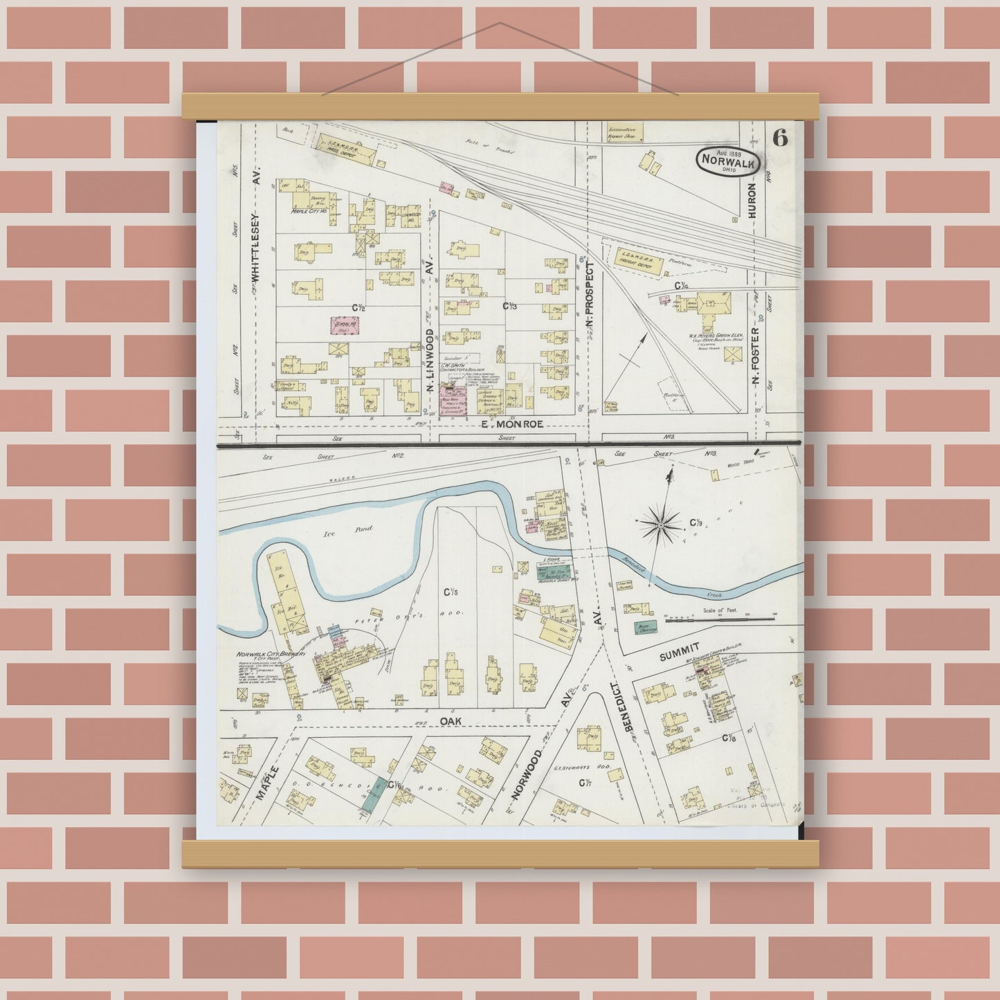 Old map wall art mockup — magnetic wood frame on brick wall — Sanborn Fire Insurance Map from Norwalk, Huron County, Ohio (1888), Sheet #0006