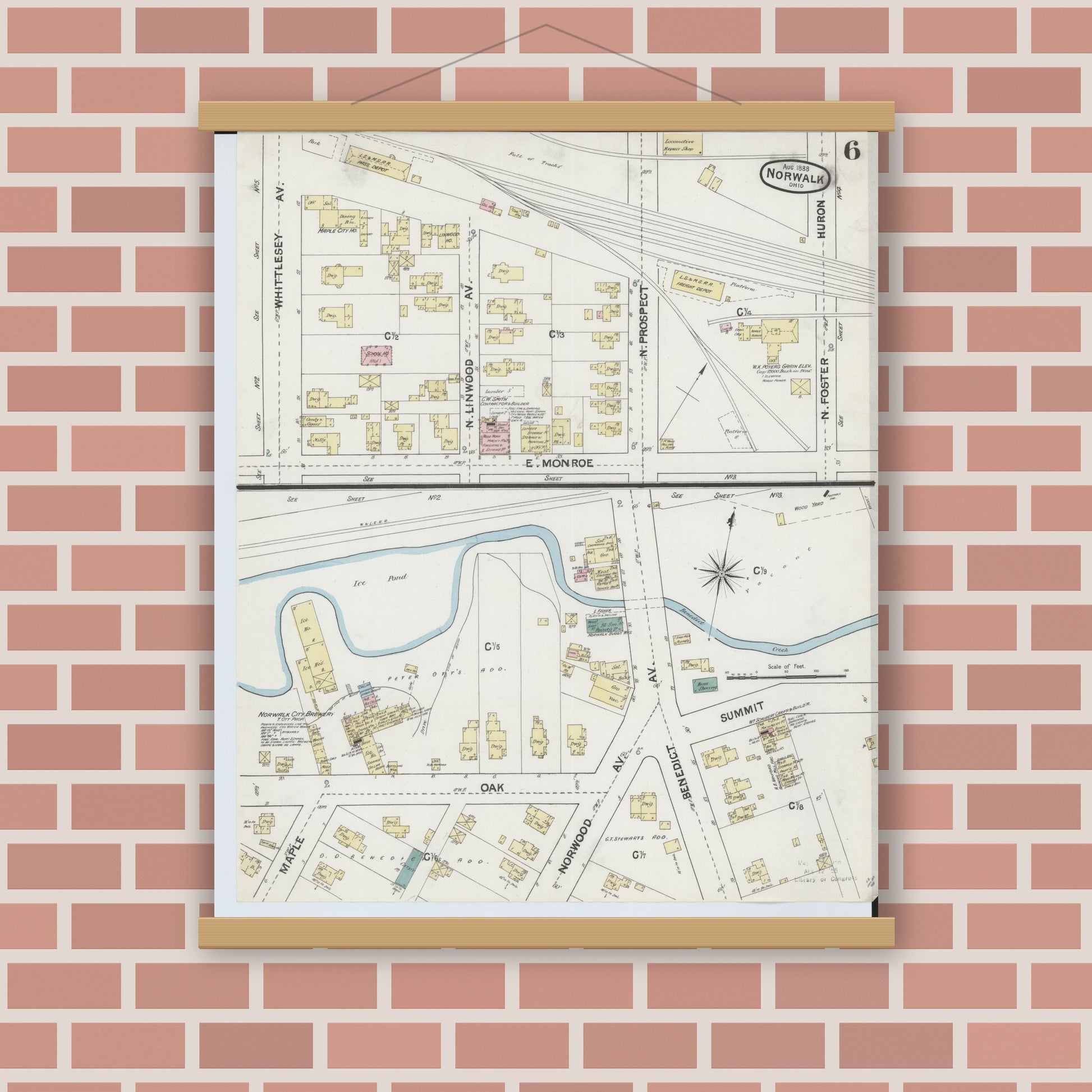 Old map wall art mockup — magnetic wood frame on brick wall — Sanborn Fire Insurance Map from Norwalk, Huron County, Ohio (1888), Sheet #0006