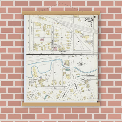 Old map wall art mockup — magnetic wood frame on brick wall — Sanborn Fire Insurance Map from Norwalk, Huron County, Ohio (1888), Sheet #0006
