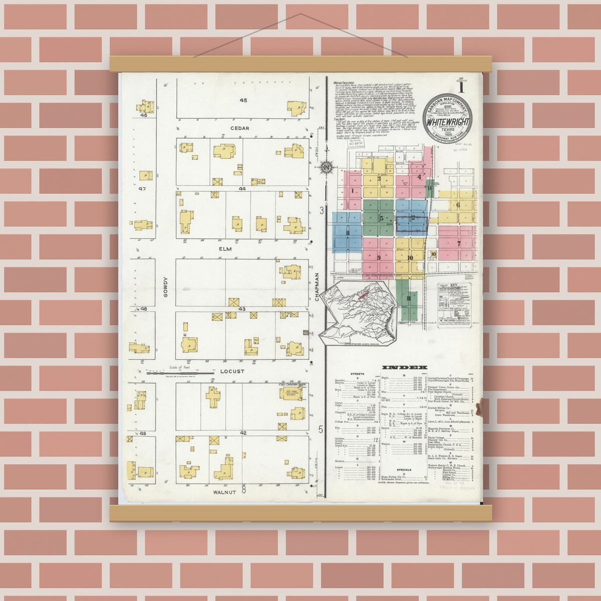 Old map wall art mockup — magnetic wood frame on brick wall — Sanborn Fire Insurance Map from Whitewright, Grayson County, Texas (1920) - Complete Map Set