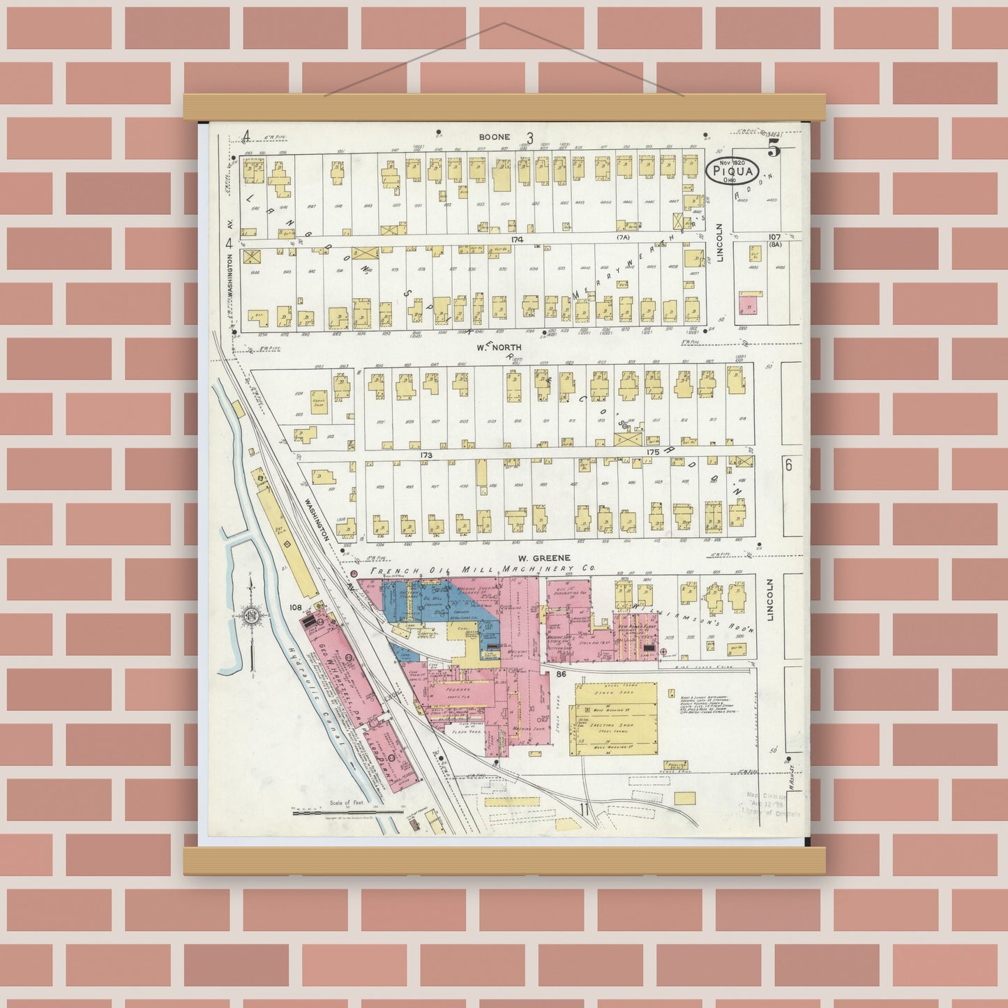 Old map wall art mockup — magnetic wood frame on brick wall — Sanborn Fire Insurance Map from Piqua, Miami County, Ohio (1920), Sheet #0005