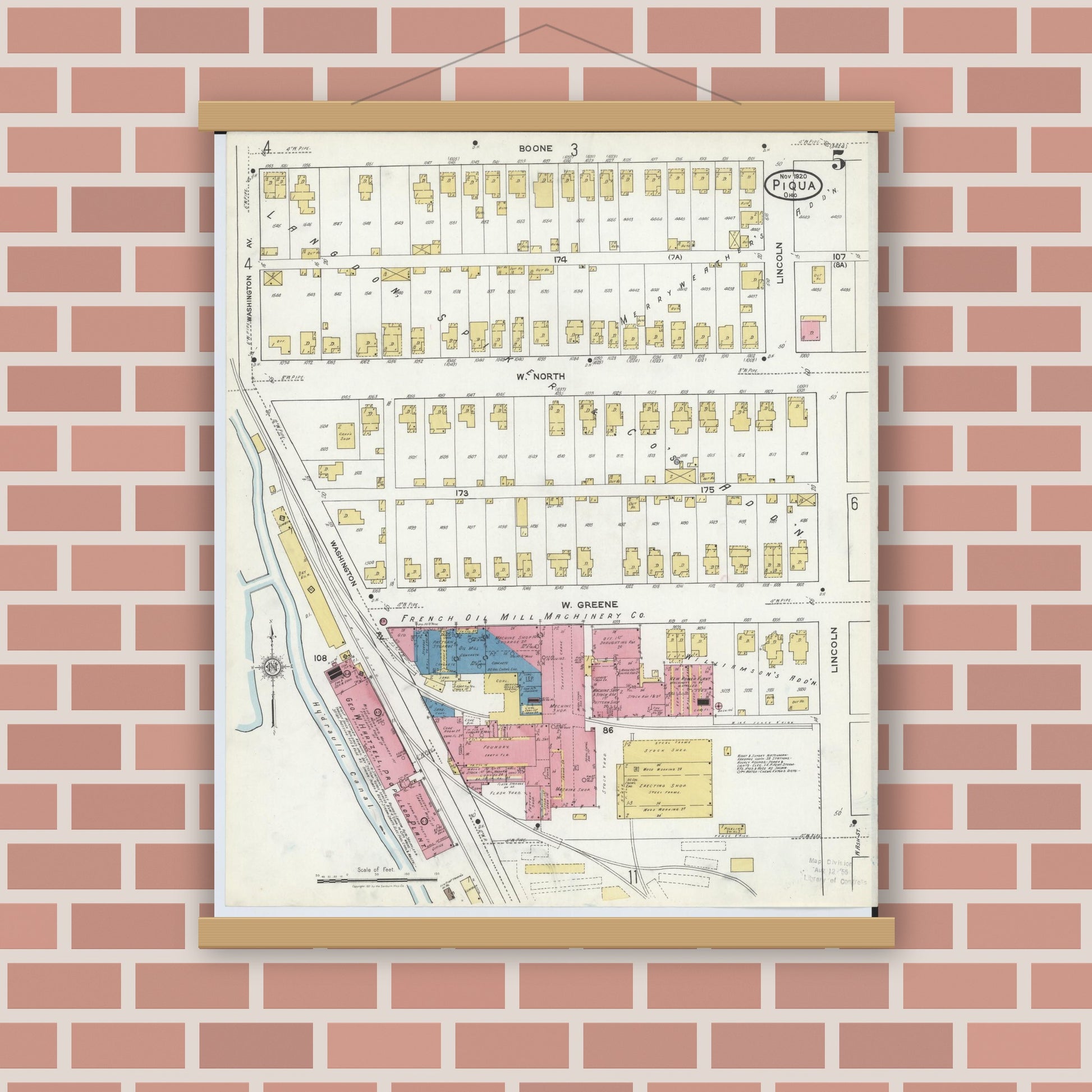Old map wall art mockup — magnetic wood frame on brick wall — Sanborn Fire Insurance Map from Piqua, Miami County, Ohio (1920), Sheet #0005