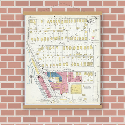 Old map wall art mockup — magnetic wood frame on brick wall — Sanborn Fire Insurance Map from Piqua, Miami County, Ohio (1920), Sheet #0005