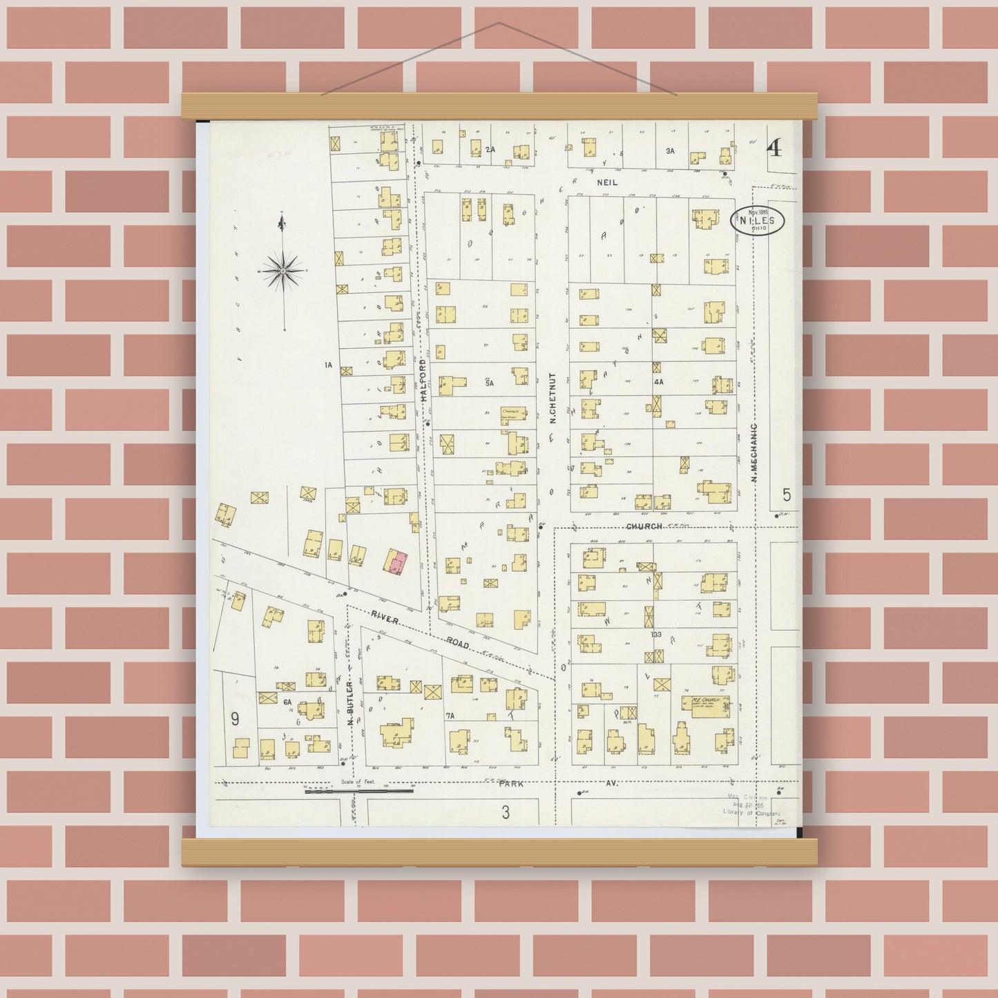 Old map wall art mockup — magnetic wood frame on brick wall — Sanborn Fire Insurance Map from Niles, Trumbull County, Ohio (1898), Sheet #0004