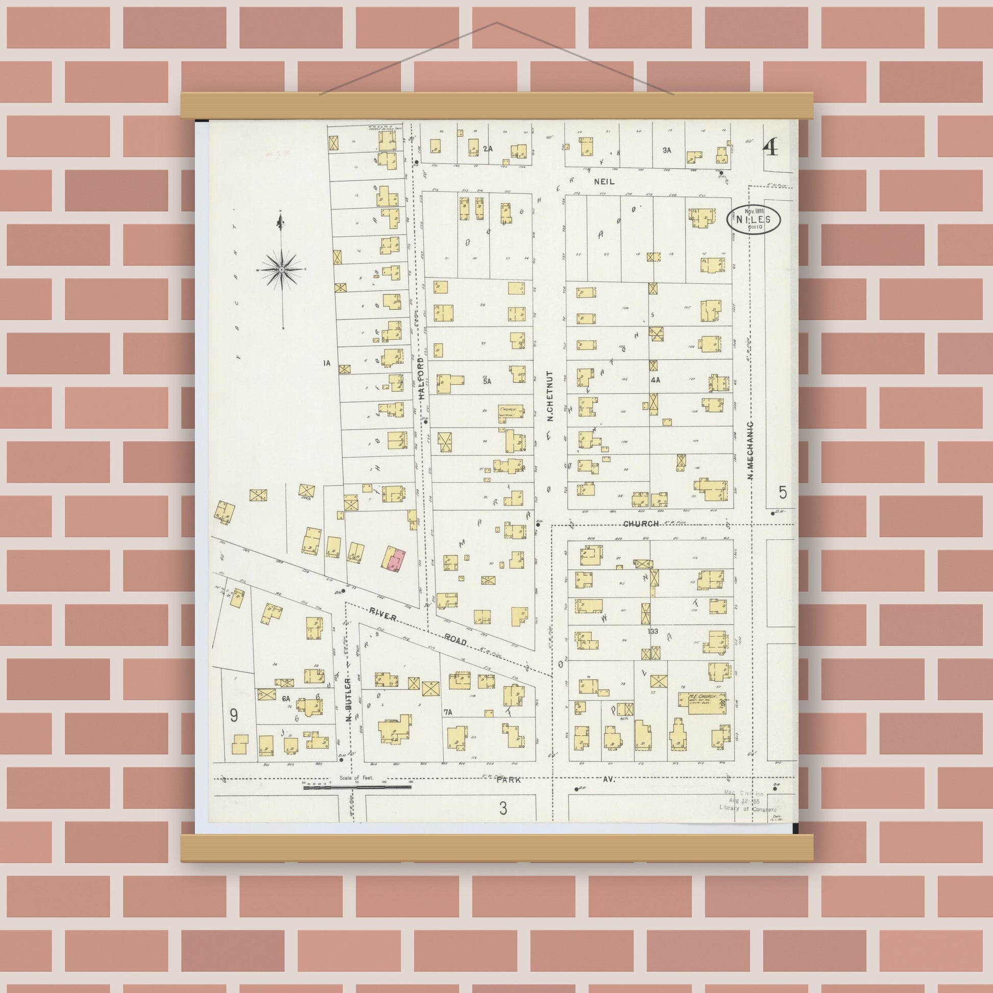 Old map wall art mockup — magnetic wood frame on brick wall — Sanborn Fire Insurance Map from Niles, Trumbull County, Ohio (1898), Sheet #0004
