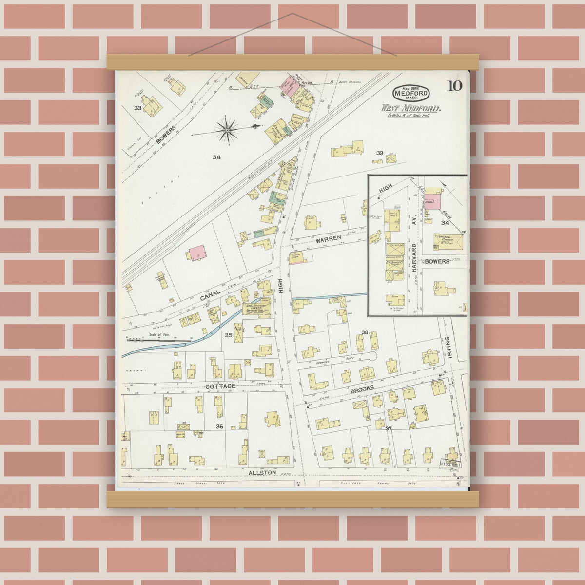 Old map wall art mockup — magnetic wood frame on brick wall — Sanborn Fire Insurance Map from Medford, Middlesex County, Massachusetts (1892), Sheet #0010