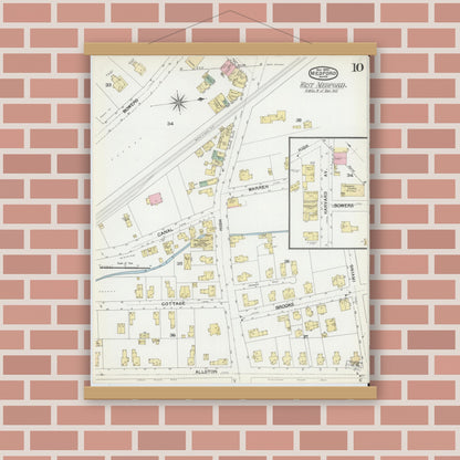Old map wall art mockup — magnetic wood frame on brick wall — Sanborn Fire Insurance Map from Medford, Middlesex County, Massachusetts (1892), Sheet #0010