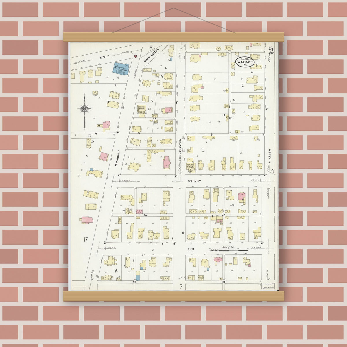 Old map wall art mockup — magnetic wood frame on brick wall — Sanborn Fire Insurance Map from Wabash, Wabash County, Indiana (1910), Sheet #0002