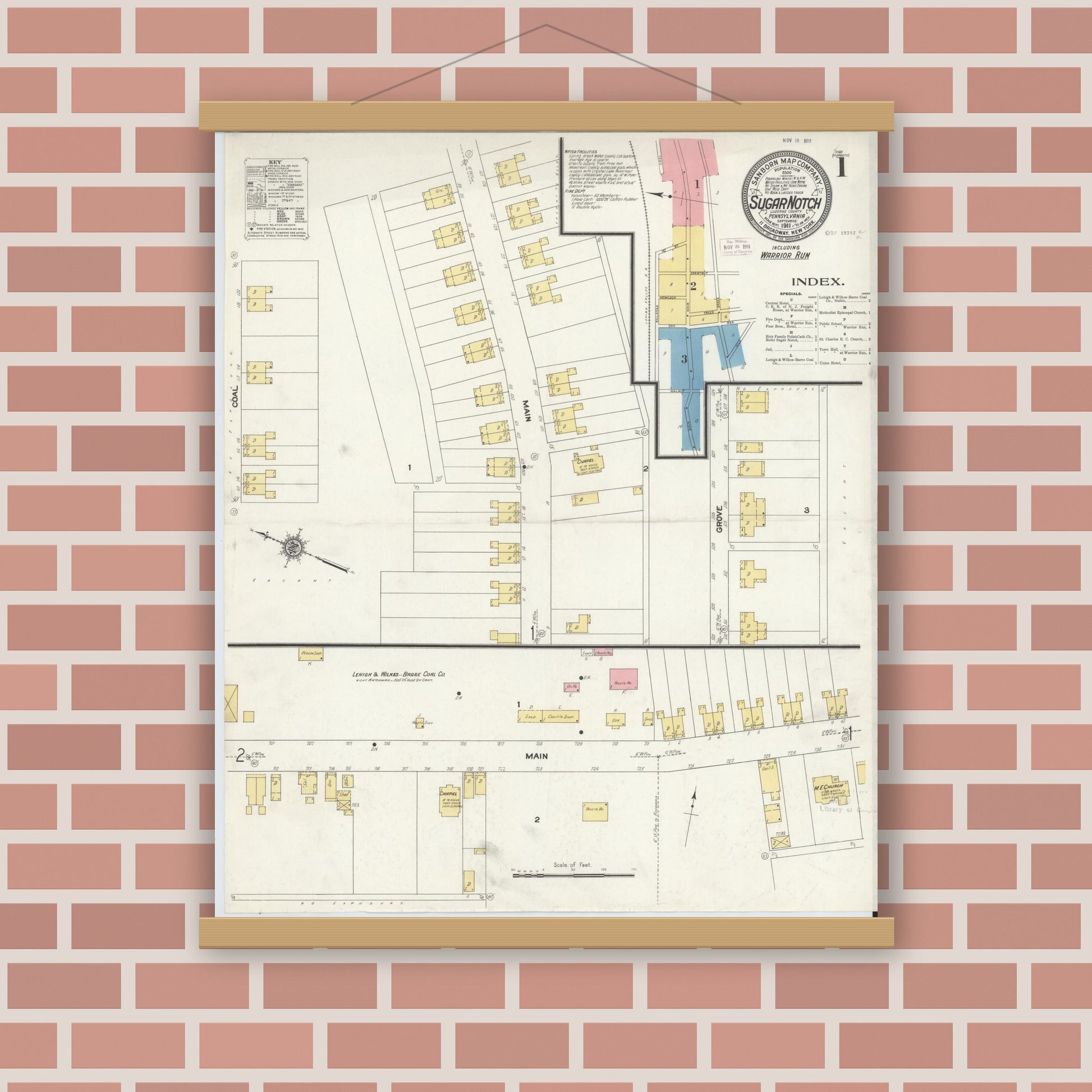 Old map wall art mockup — magnetic wood frame on brick wall — Sanborn Fire Insurance Map from Sugar Notch, Luzerne County, Pennsylvania (1911), Sheet #0001