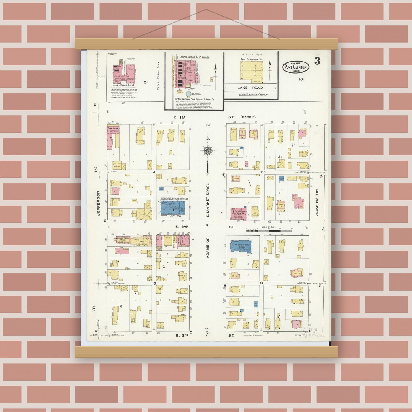 Old map wall art mockup — magnetic wood frame on brick wall — Sanborn Fire Insurance Map from Port Clinton, Ottawa County, Ohio (1916), Sheet #0003