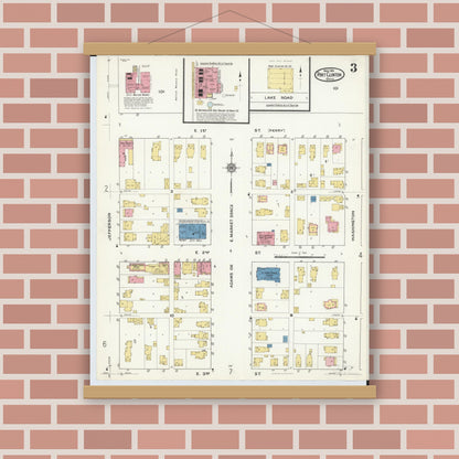 Old map wall art mockup — magnetic wood frame on brick wall — Sanborn Fire Insurance Map from Port Clinton, Ottawa County, Ohio (1916), Sheet #0003