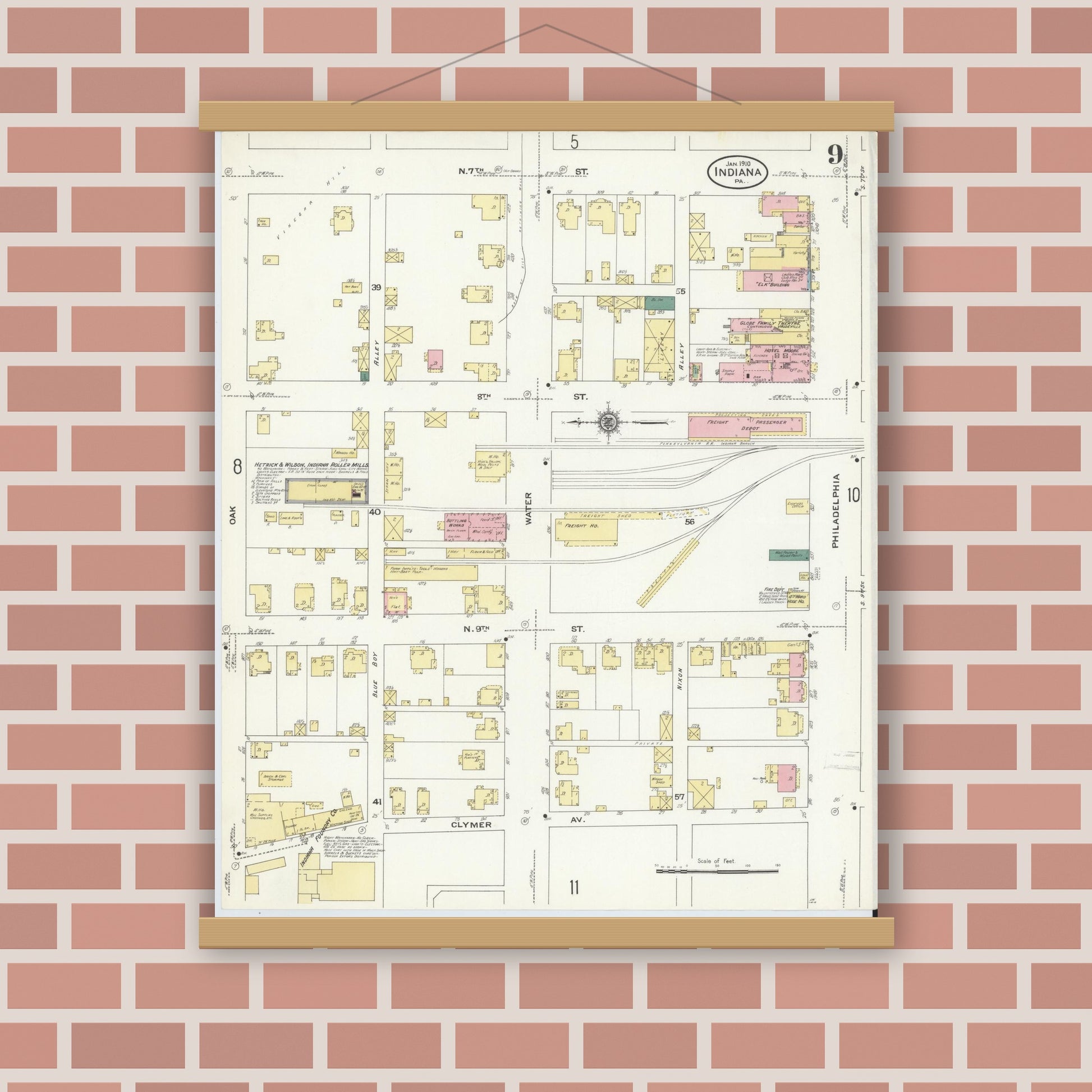 Old map wall art mockup — magnetic wood frame on brick wall — Sanborn Fire Insurance Map from Indiana, Indiana County, Pennsylvania (1910), Sheet #0009