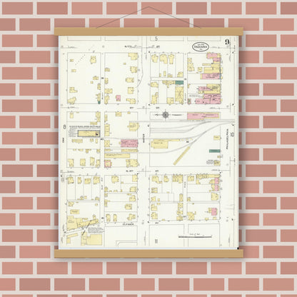 Old map wall art mockup — magnetic wood frame on brick wall — Sanborn Fire Insurance Map from Indiana, Indiana County, Pennsylvania (1910), Sheet #0009