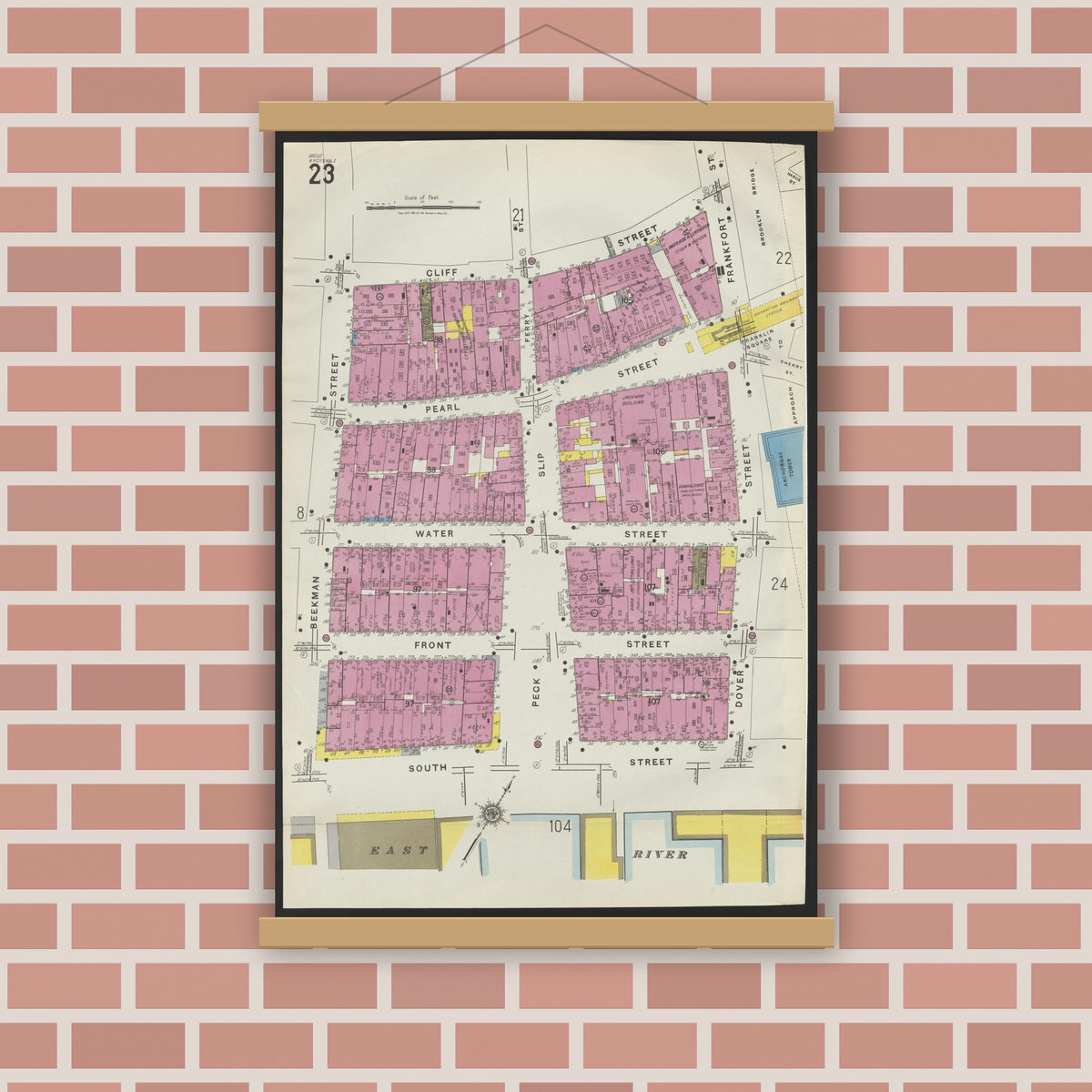Old map wall art mockup — magnetic wood frame on brick wall — Sanborn Fire Insurance Map from New York, Bronx, Manhattan, New York (1923), Sheet #0023