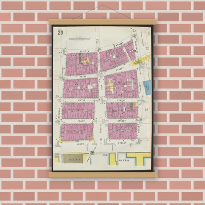 Old map wall art mockup — magnetic wood frame on brick wall — Sanborn Fire Insurance Map from New York, Bronx, Manhattan, New York (1923), Sheet #0023