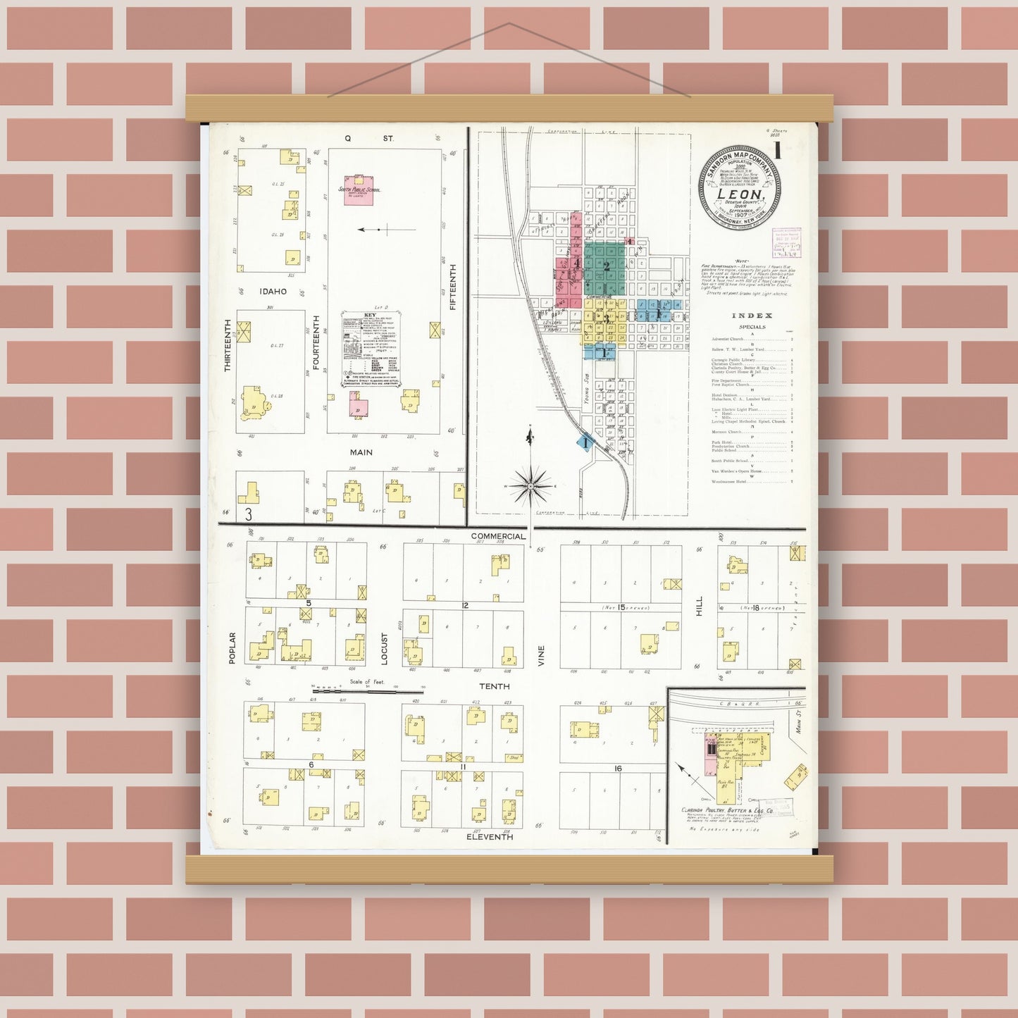Old map wall art mockup — magnetic wood frame on brick wall — Sanborn Fire Insurance Map from Leon, Decatur County, Iowa (1907) â€” Complete Set