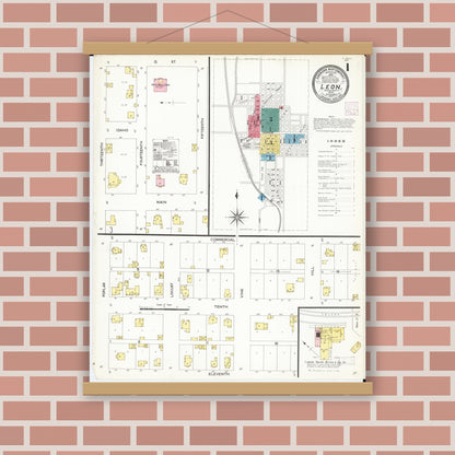 Old map wall art mockup — magnetic wood frame on brick wall — Sanborn Fire Insurance Map from Leon, Decatur County, Iowa (1907) â€” Complete Set