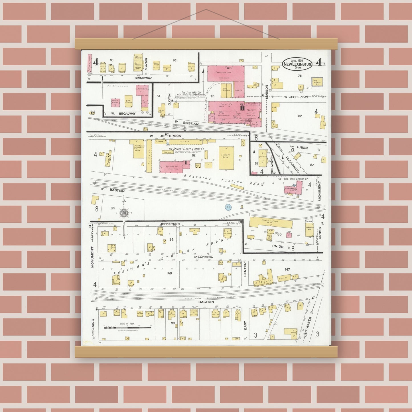 Old map wall art mockup — magnetic wood frame on brick wall — Sanborn Fire Insurance Map from New Lexington, Perry County, Ohio (1926), Sheet #0004
