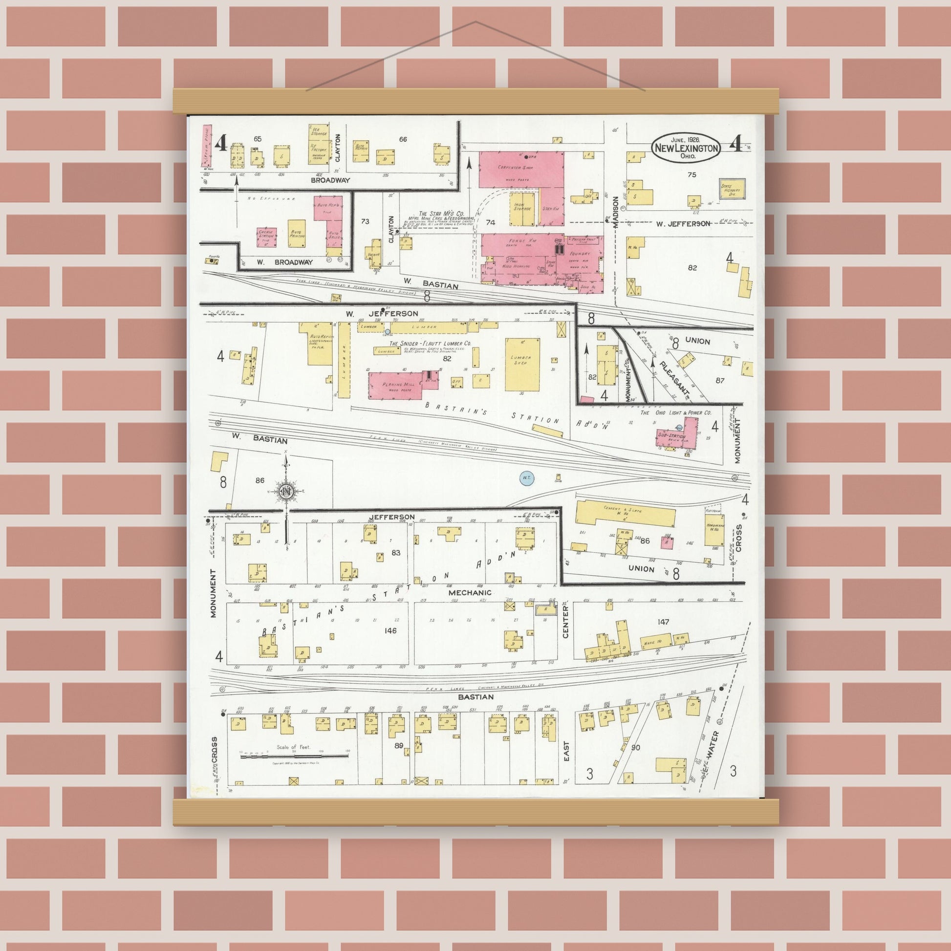 Old map wall art mockup — magnetic wood frame on brick wall — Sanborn Fire Insurance Map from New Lexington, Perry County, Ohio (1926), Sheet #0004