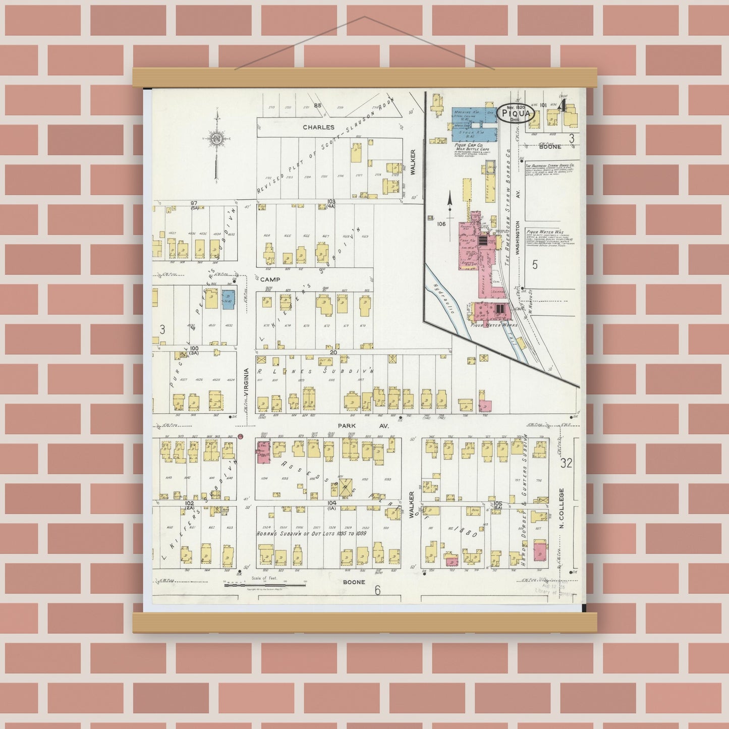 Old map wall art mockup — magnetic wood frame on brick wall — Sanborn Fire Insurance Map from Piqua, Miami County, Ohio (1920), Sheet #0004