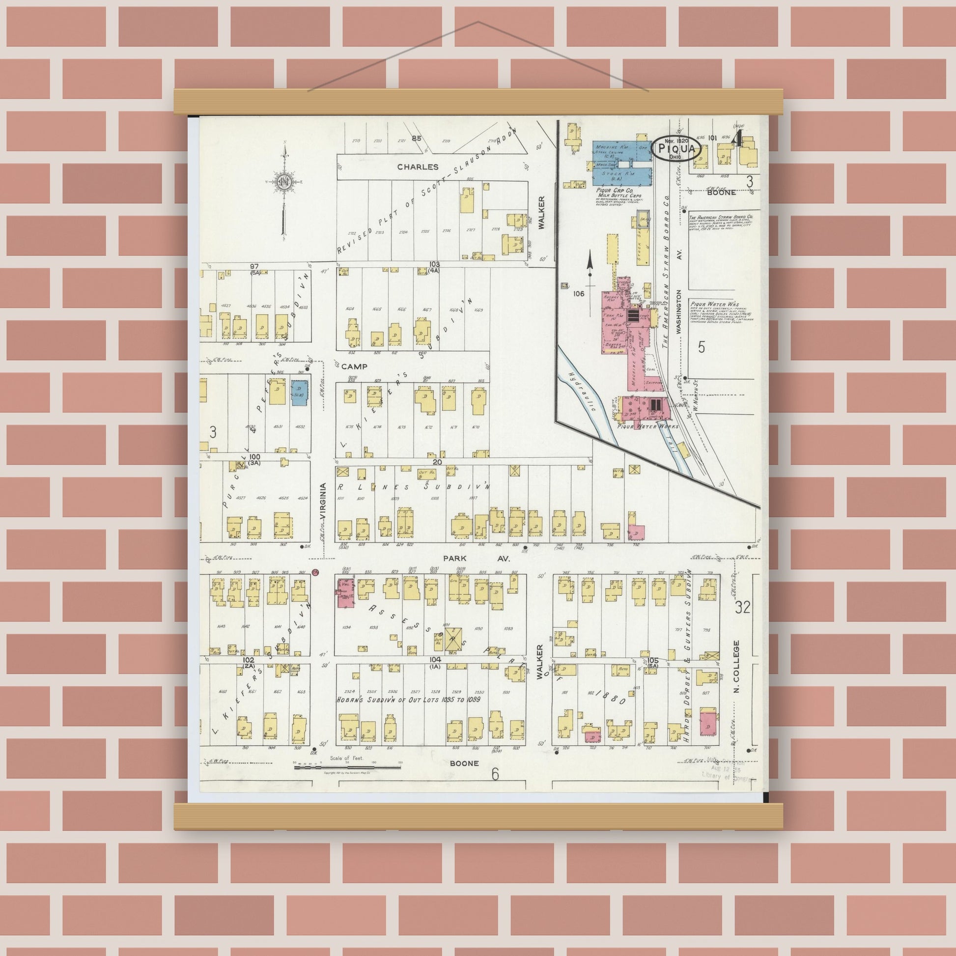 Old map wall art mockup — magnetic wood frame on brick wall — Sanborn Fire Insurance Map from Piqua, Miami County, Ohio (1920), Sheet #0004