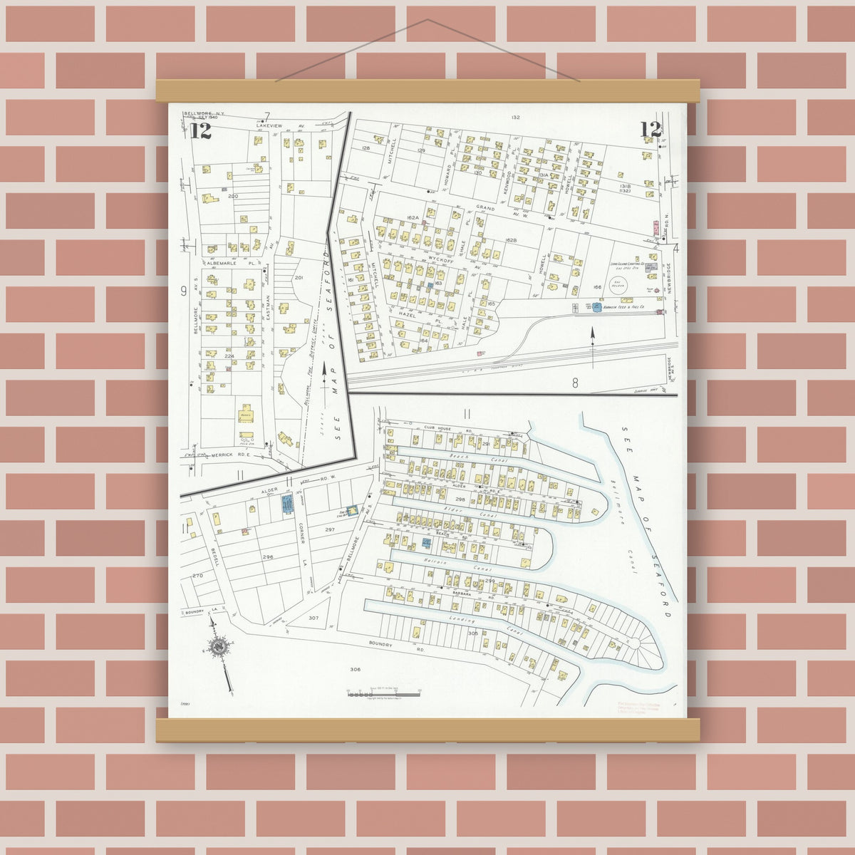 Old map wall art mockup — magnetic wood frame on brick wall — Sanborn Fire Insurance Map from Bellmore, Nassau County, New York (1940), Sheet #0012