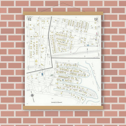 Old map wall art mockup — magnetic wood frame on brick wall — Sanborn Fire Insurance Map from Bellmore, Nassau County, New York (1940), Sheet #0012
