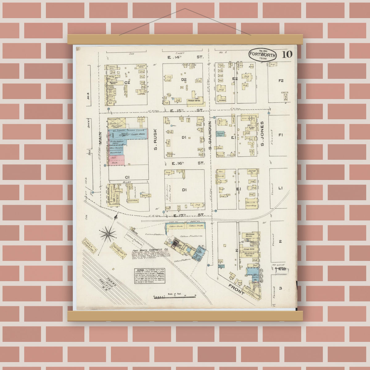 Old map wall art mockup — magnetic wood frame on brick wall — Sanborn Fire Insurance Map from Fort Worth, Tarrant County, Texas (1885), Sheet #0010