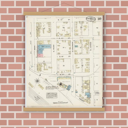 Old map wall art mockup — magnetic wood frame on brick wall — Sanborn Fire Insurance Map from Fort Worth, Tarrant County, Texas (1885), Sheet #0010