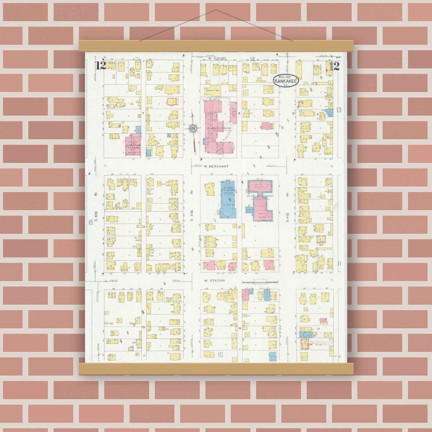 Old map wall art mockup — magnetic wood frame on brick wall — Sanborn Fire Insurance Map from Kankakee, Kankakee County, Illinois (1930), Sheet #0012