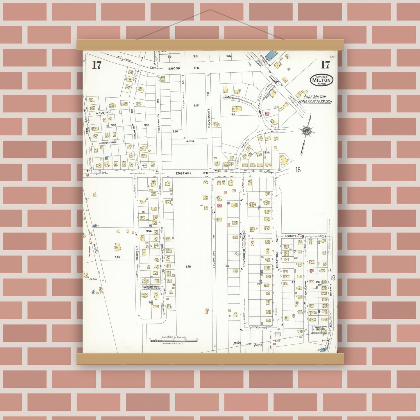 Old map wall art mockup — magnetic wood frame on brick wall — Sanborn Fire Insurance Map from Milton, Norfolk County, Massachusetts (1923), Sheet #0017