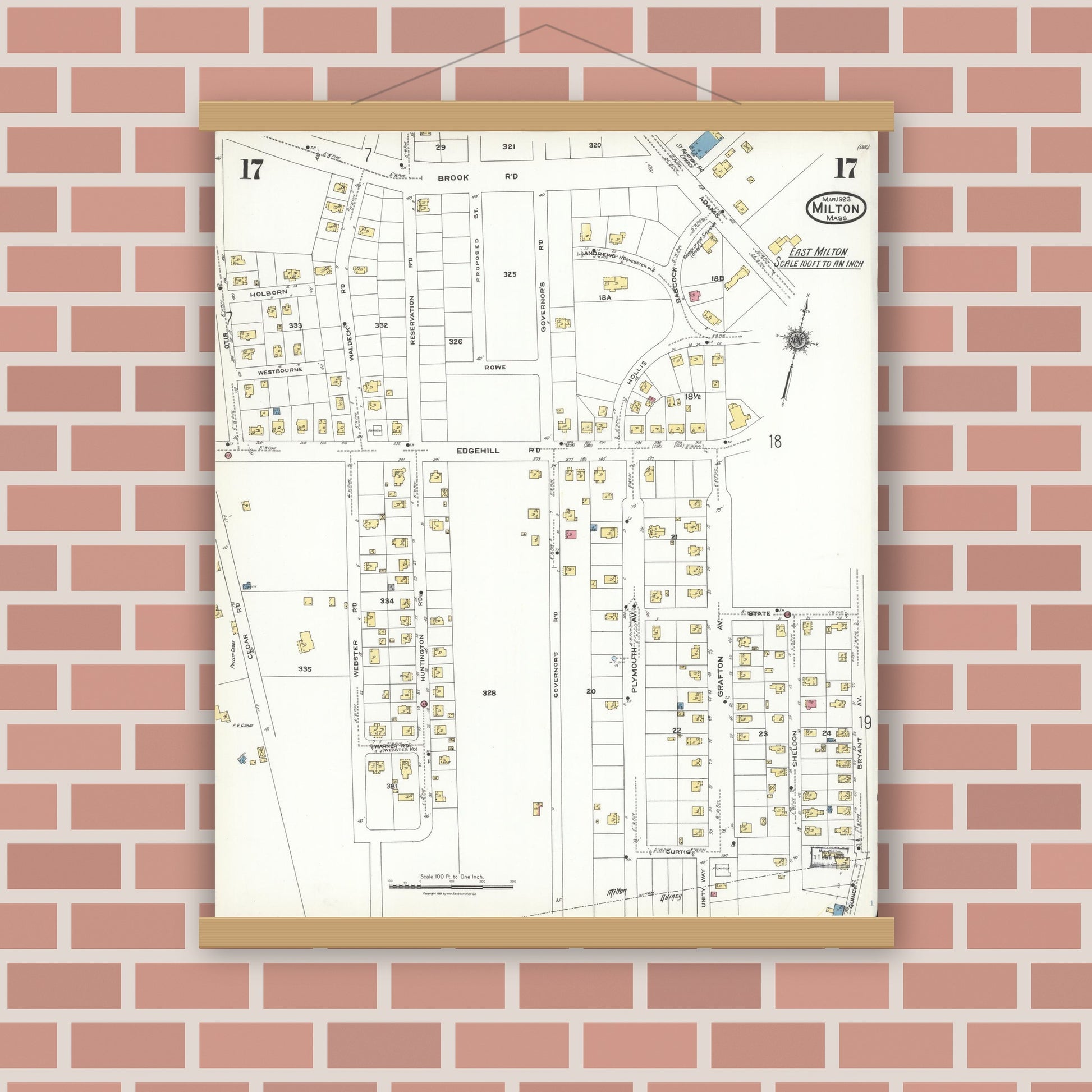 Old map wall art mockup — magnetic wood frame on brick wall — Sanborn Fire Insurance Map from Milton, Norfolk County, Massachusetts (1923), Sheet #0017