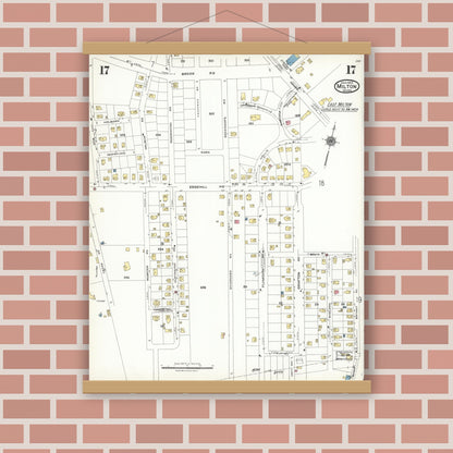 Old map wall art mockup — magnetic wood frame on brick wall — Sanborn Fire Insurance Map from Milton, Norfolk County, Massachusetts (1923), Sheet #0017