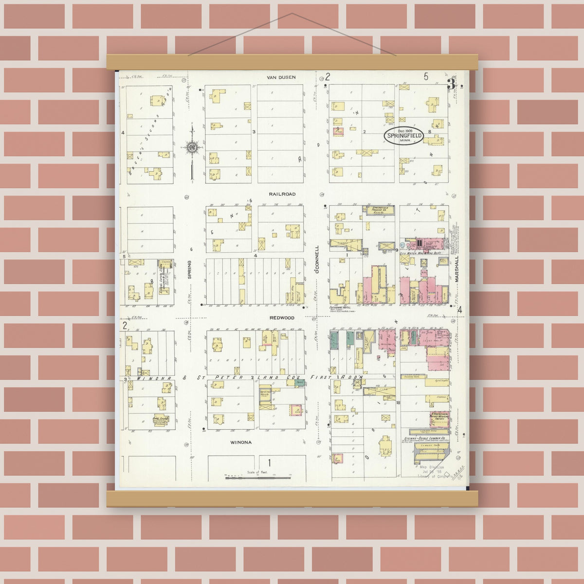 Old map wall art mockup — magnetic wood frame on brick wall — Sanborn Fire Insurance Map from Springfield, Brown County, Minnesota (1909), Sheet #0003