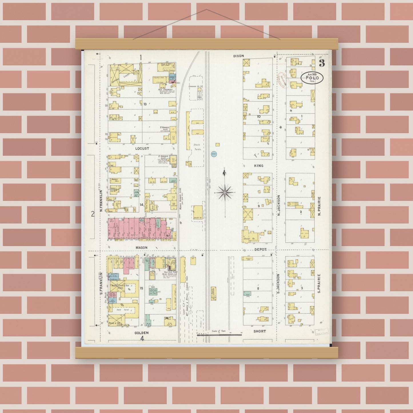 Old map wall art mockup — magnetic wood frame on brick wall — Sanborn Fire Insurance Map from Polo, Ogle County, Illinois (1899), Sheet #0003