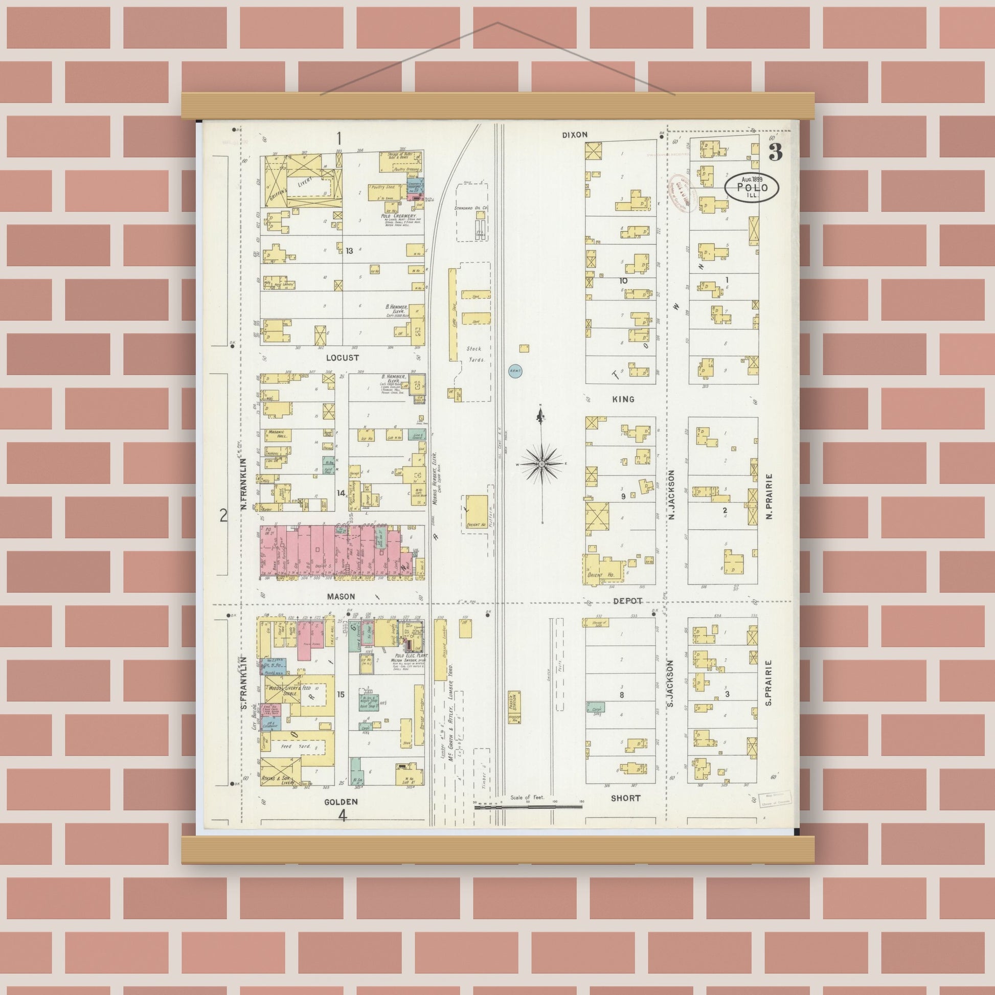 Old map wall art mockup — magnetic wood frame on brick wall — Sanborn Fire Insurance Map from Polo, Ogle County, Illinois (1899), Sheet #0003