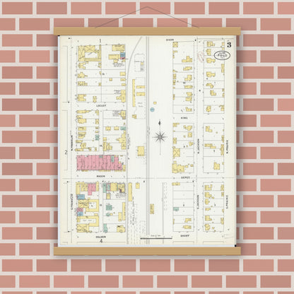 Old map wall art mockup — magnetic wood frame on brick wall — Sanborn Fire Insurance Map from Polo, Ogle County, Illinois (1899), Sheet #0003