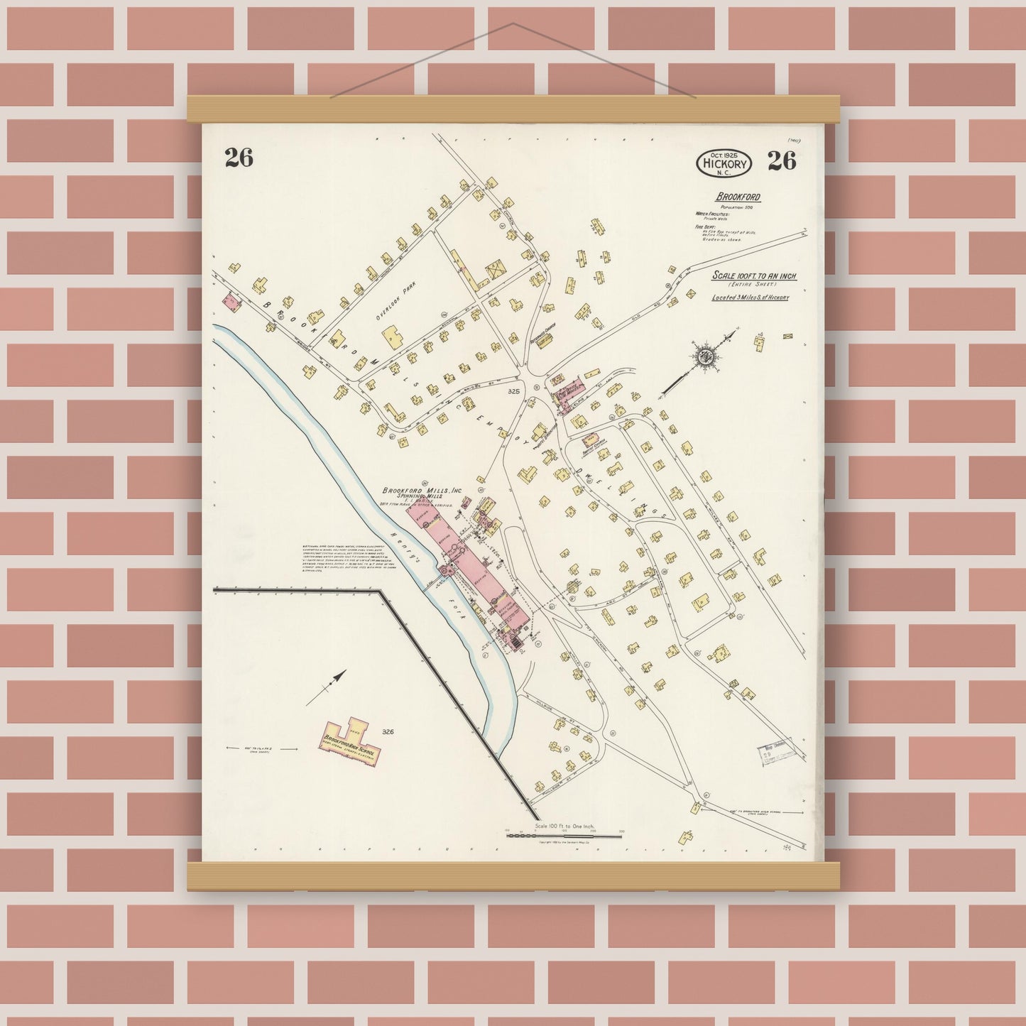 Old map wall art mockup — magnetic wood frame on brick wall — Sanborn Fire Insurance Map from Hickory, Catawba County, North Carolina (1925), Sheet #0026